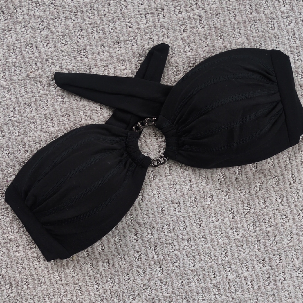 Robin Piccone Classic Black Chain Link Bandeau Bikini Top, Size XS